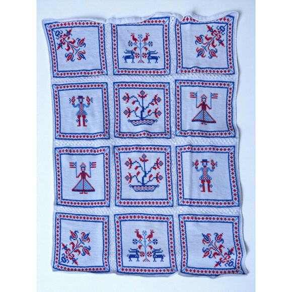 Vintage Handmade Crocheted Cross Stitch Afghan Scandinavian Folk Art 84”x60”